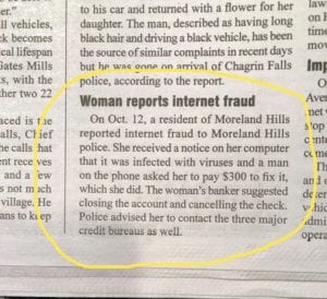 Newspaper clipping warning about internet fraud